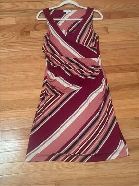 New York & Company Sleeveless Striped Midi Dress in Burgundy, Pink & White